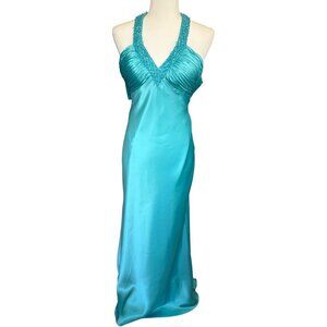 Y2K Aqua Satin Beaded Halter Formal Gown Morgan & Co. Size 3/4 Prom Open Back